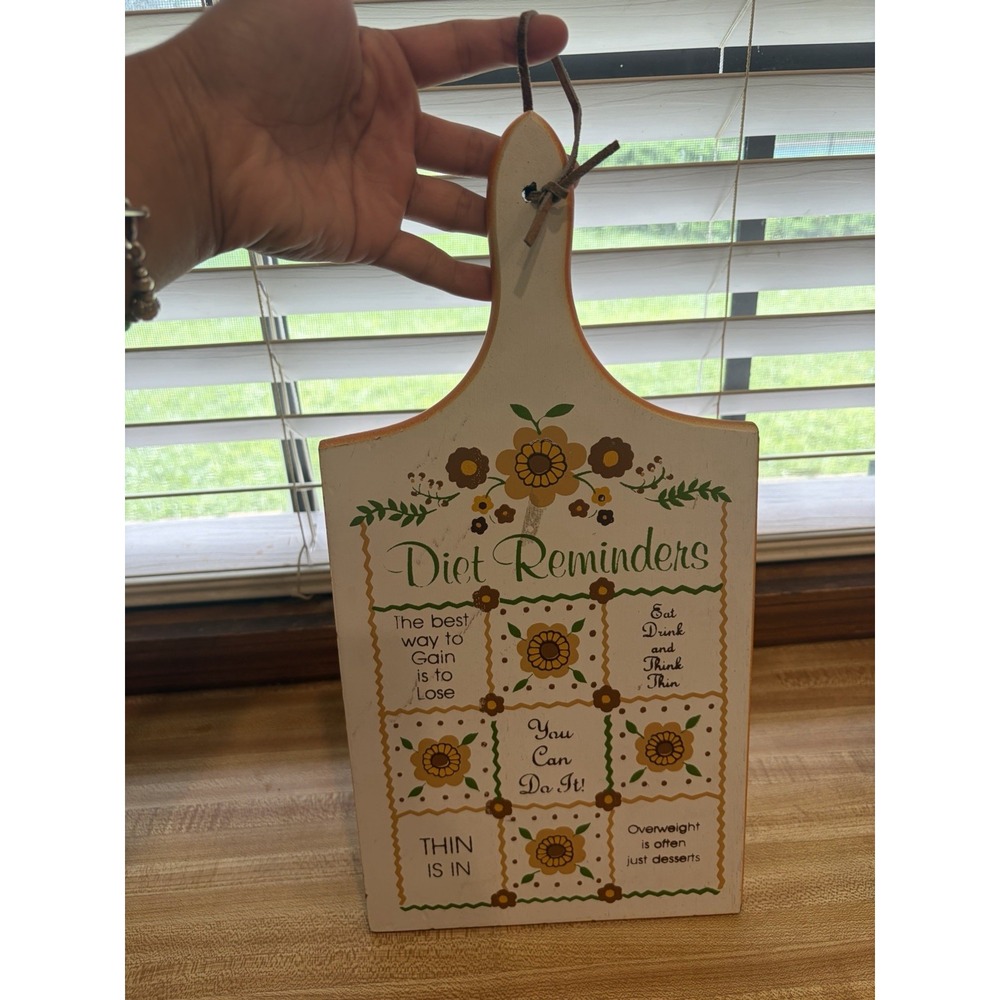 VTG 70s Skinny Diet Reminders Wood Cutting Board Plaque Kitsch Kitchen Decor